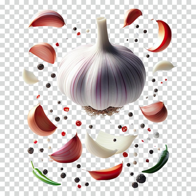 Floating sliced garlic onion and some pepper transparent background