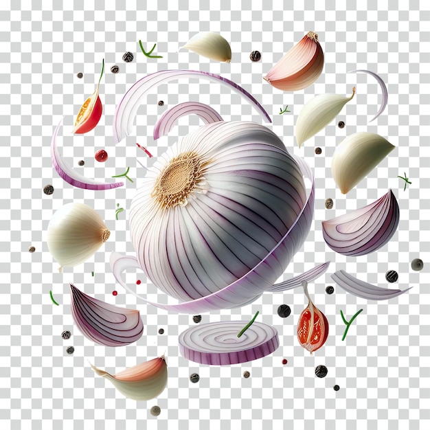 Floating sliced garlic onion and some pepper transparent background