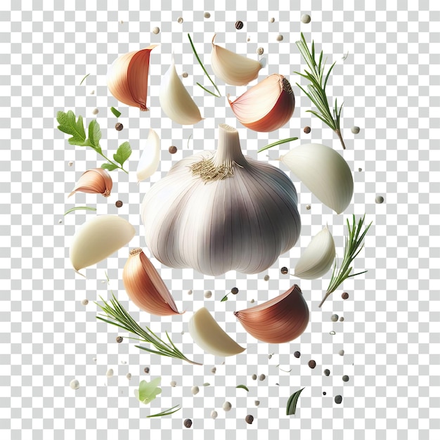 Floating sliced garlic sliced onion some rosemary and thyme transparent background