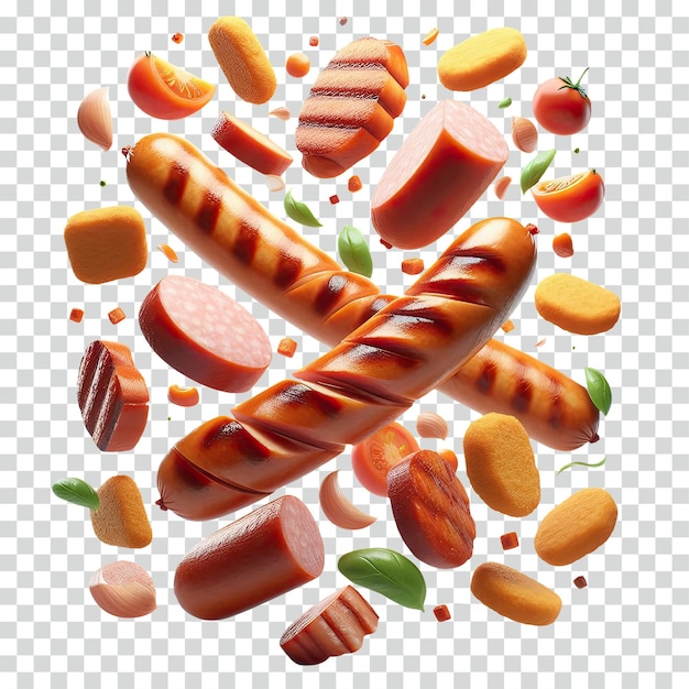 PSD floating sliced grilled sausage and nuggets transparent background