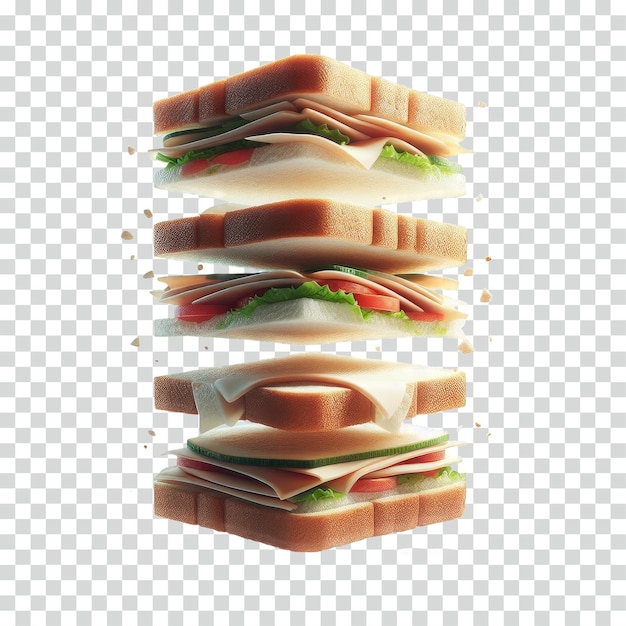 PSD a floating sliced sandwich with gap each stack transparent background