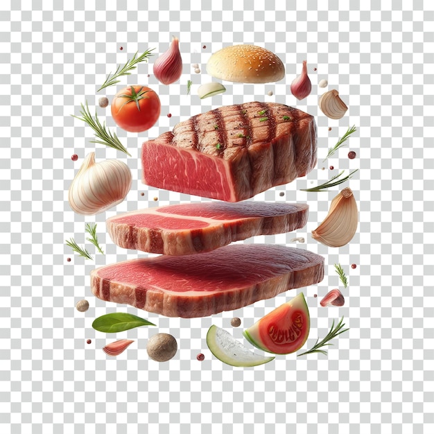 floating sliced steak transparent background