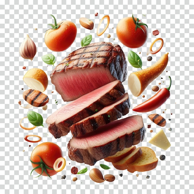 floating sliced steak transparent background