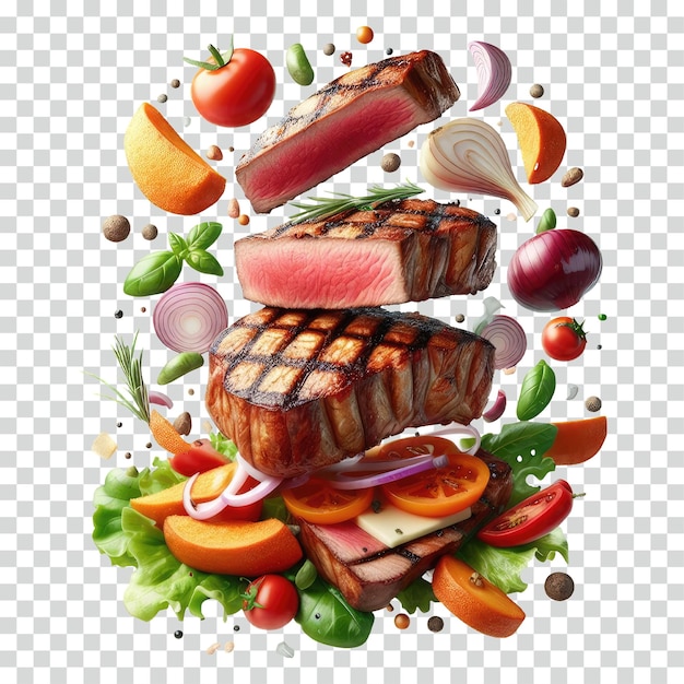 floating sliced steak transparent background