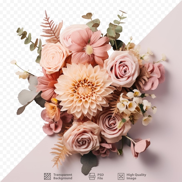 Floral arrangement various flowers top view transparent background