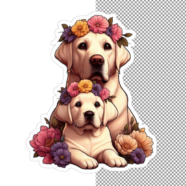 PSD floral bond dog mother and son in blossoms sticker