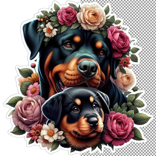 PSD floral bond dog mother and son in blossoms sticker