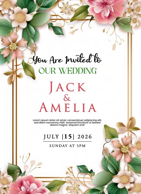 Floral frame wedding invitation greeting card with pink and green flowers