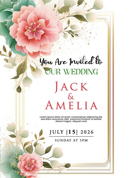 Floral frame wedding invitation greeting card with pink and green flowers