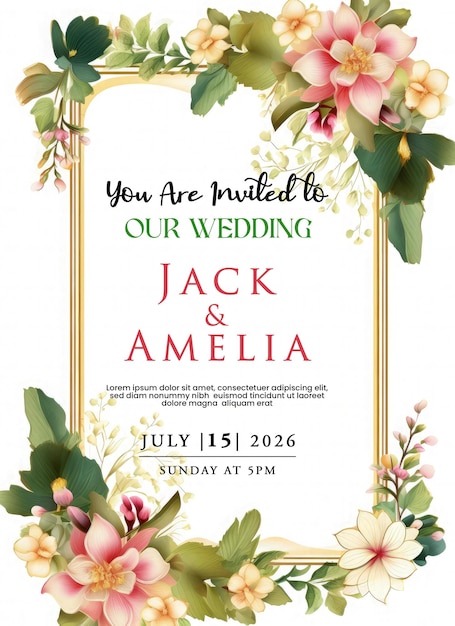 Floral frame wedding invitation greeting card with pink and green flowers