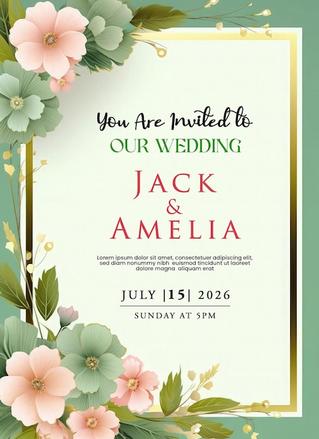 Floral frame wedding invitation greeting card with pink and green flowers