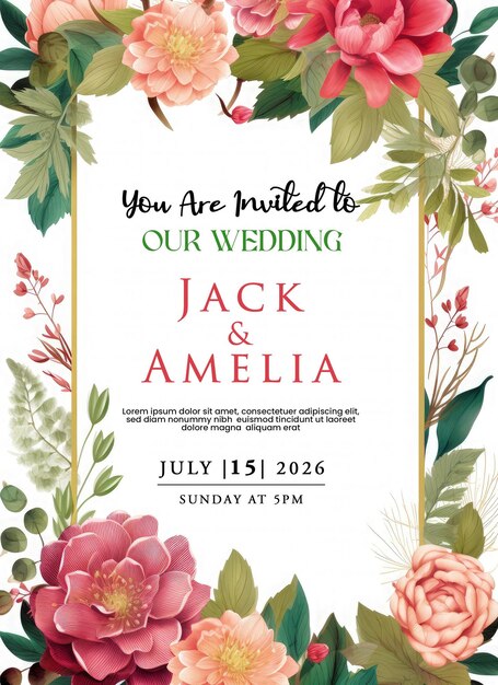 Floral frame wedding invitation greeting card with pink and green flowers