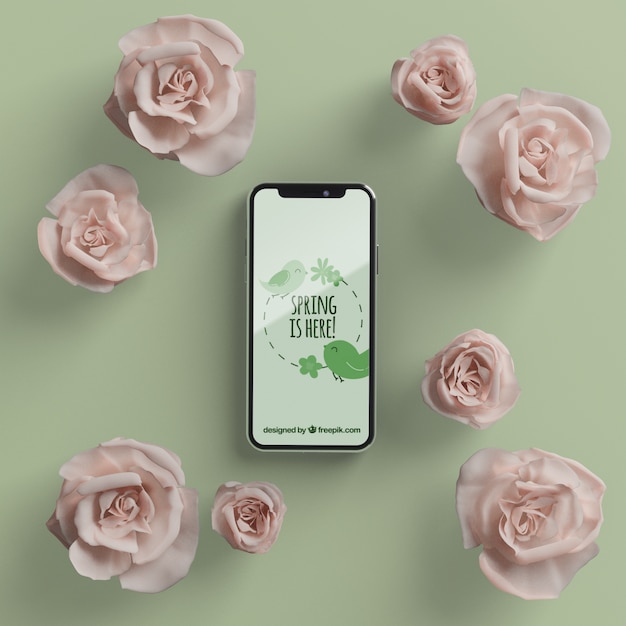 Floral frame with mobile mock-up