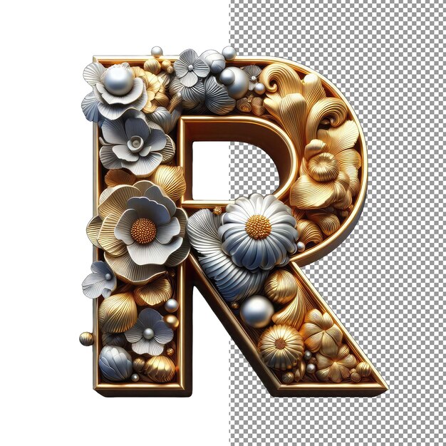 PSD floral gilding singular 3d letter shining against transparency