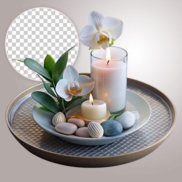 PSD floral home decor with white orchid candle and stone on white background