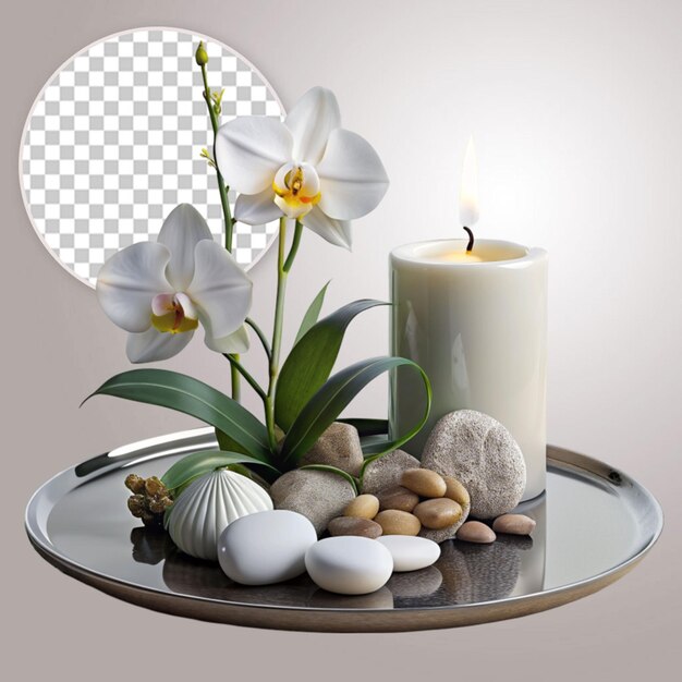 PSD floral home decor with white orchid candle and stone on white background