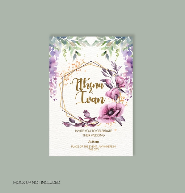 A floral invitation for a wedding with purple flowers and leaves.