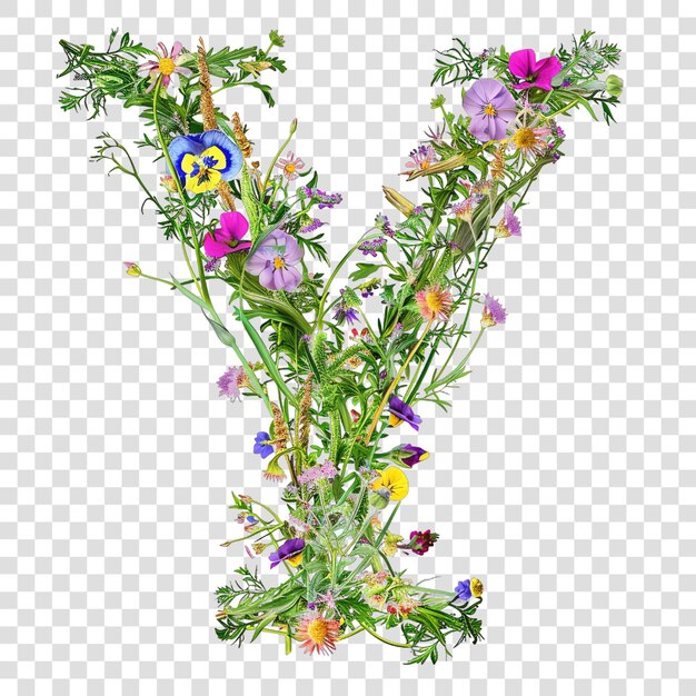 PSD floral letter y with beautiful flowerson transparent background