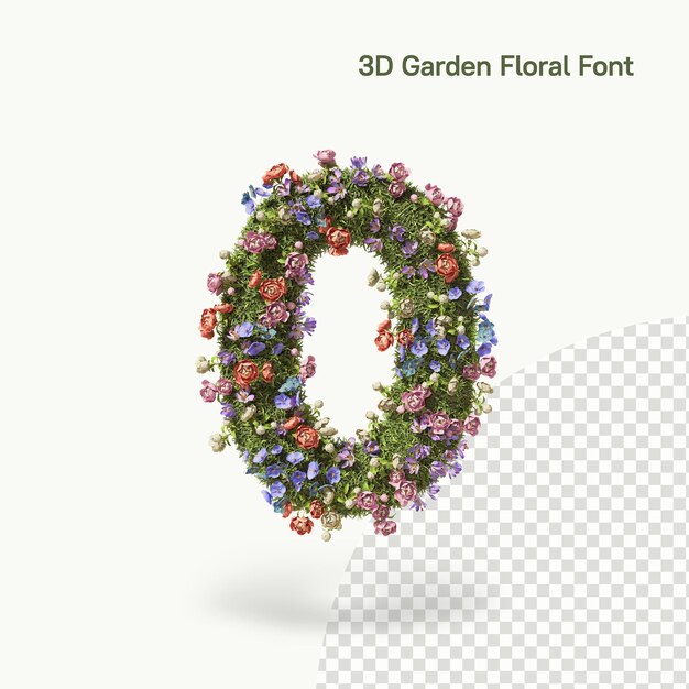 PSD floral number 0 zero of alphabet font made of flowers and garden plants