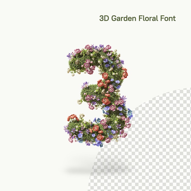 PSD floral number 3 three of alphabet font made of flowers and garden plants