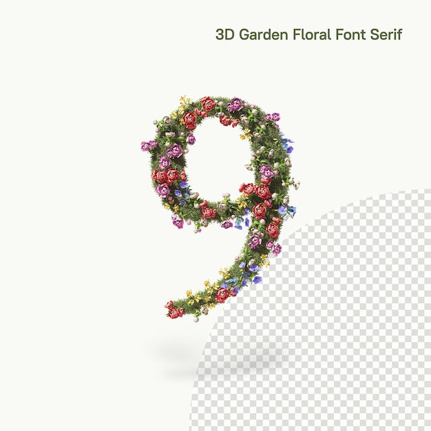 PSD floral number 9 nine of alphabet font serif from flowers and garden plants