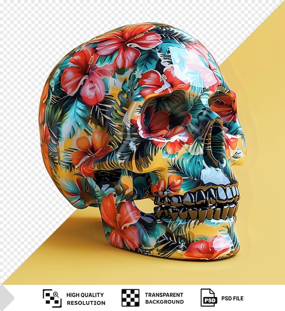 PSD floral skull on a yellow background with a transparent background