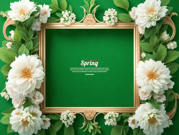 floral spring invitation card square frame with flowers and a Green Color Background