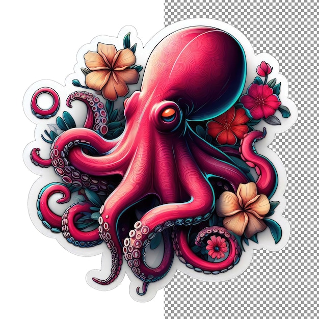 PSD floral tentacles cute octopus in blossoms sticker