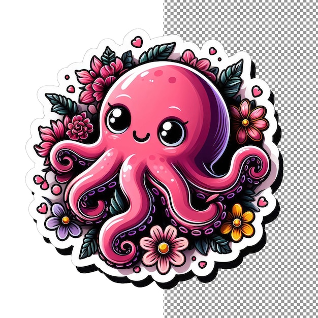 PSD floral tentacles cute octopus in blossoms sticker