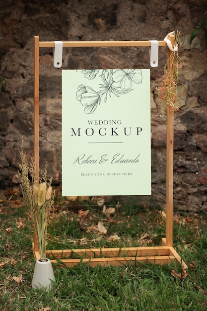 Floral wedding ceremony sign outdoors