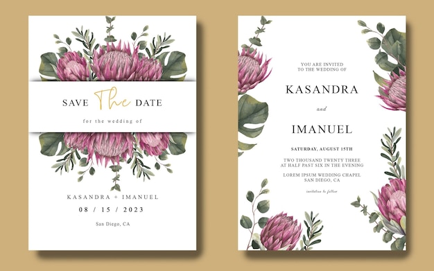 floral wedding invitation card template with watercolor protea flowers and eucalyptus leaves