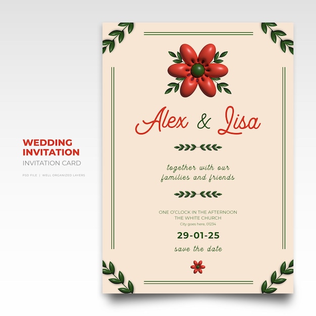 Floral Wedding Invitation Card with 3D Render