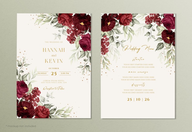 Floral wedding invitation and menu template with burgundy roses and leaves decoration