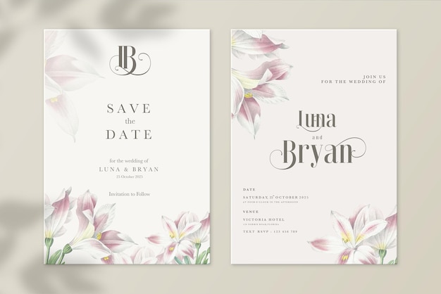 Floral Wedding Invitation and Save the Date with Pink Flower