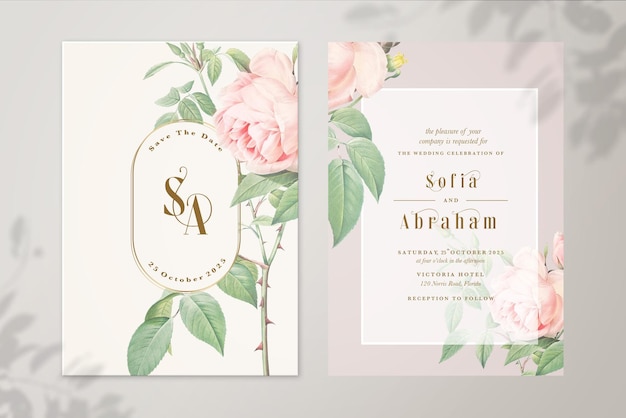 Floral Wedding Invitation and Save the Date with Pink Rose