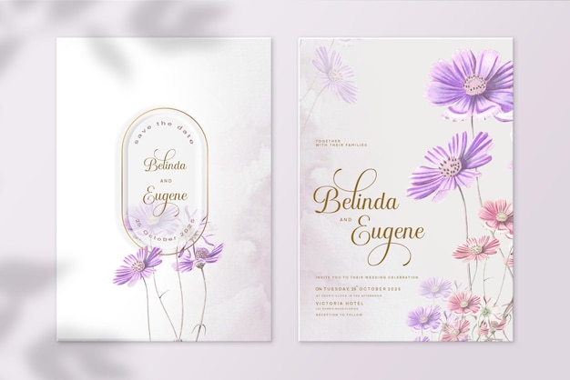 Floral Wedding Invitation and Save the Date with Purple Daisy