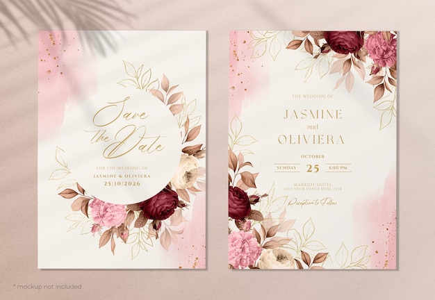 Floral wedding invitation template set with beautiful flower and leaves decoration