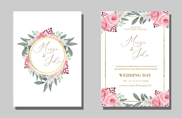 Floral wedding invitation template set with navy and peach watercolor roses and leaves psd