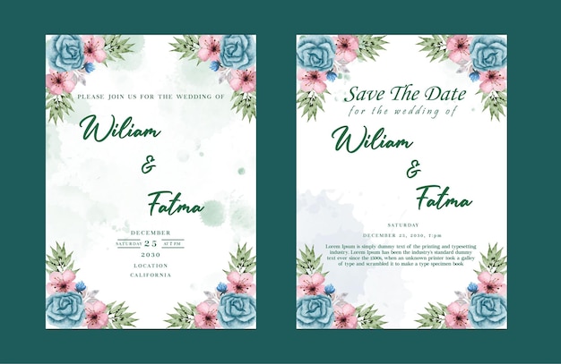 Floral wedding invitation template set with navy and peach watercolor roses psd