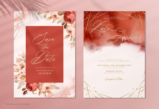 Floral wedding invitation template set with red flower decoration