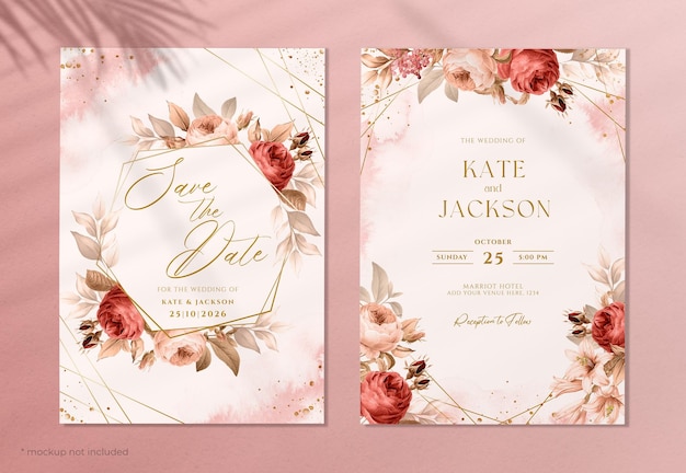 Floral wedding invitation template set with red flower decoration