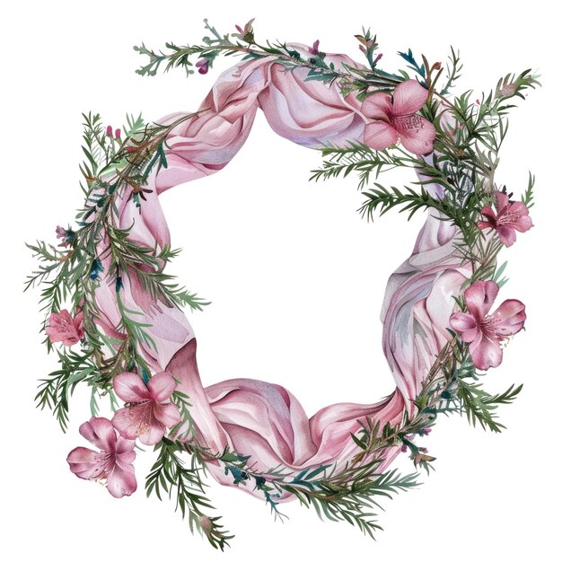 PSD floral wreath of pink azaleas and greenery on white background artwork aig56