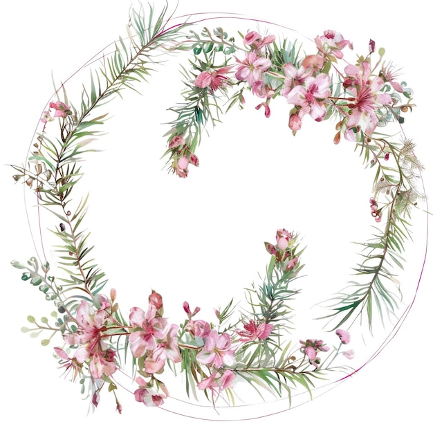 PSD floral wreath of pink lilies and greenery on white background spring aig56