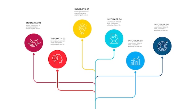 PSD flow chart infographic with 6 circles connected with thin line simple infographic design template