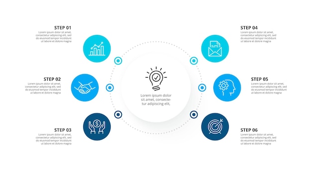 Flowchart infographic circles with icons and 6 options or steps