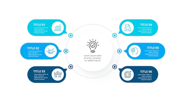 Flowchart infographic with 6 rounded elements Concept of six stages of business project