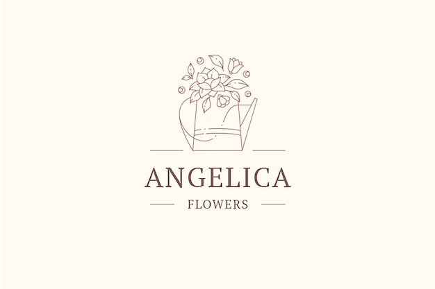 Flower botanical blossom bouquet in watering can minimalist line art logo design template