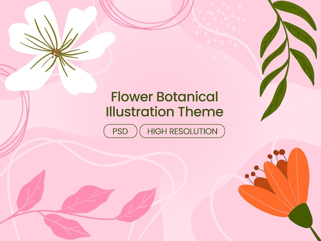 PSD flower botanical illustration theme with pink natural background blank