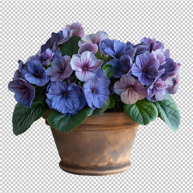 a flower pot with purple flowers in it and a brown pot with a white background