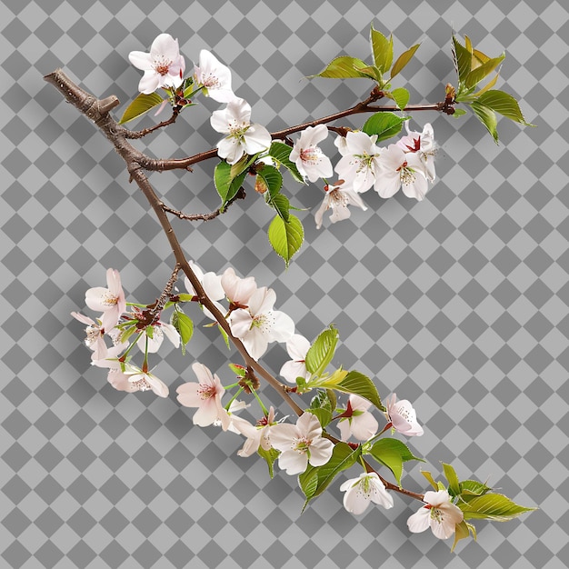 PSD flowering cherry branch slender and arching with pinkish whi isolated tree branch on clean bg